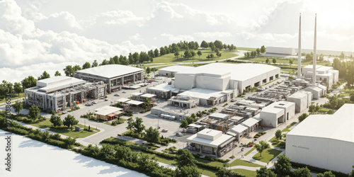 Clean energy-powered manufacturing plant for producing biodegradable plastic alternatives, featuring robotic automation, energy-efficient systems, and sustainable materials.