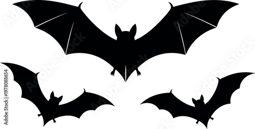 Collection of flying bats in black silhouette