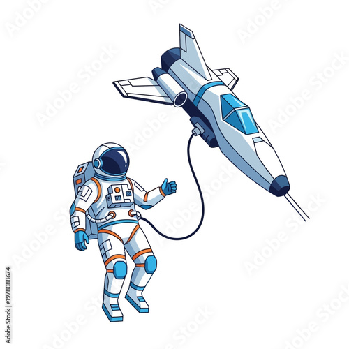 Astronaut Floating in Space with Spaceship Tethered