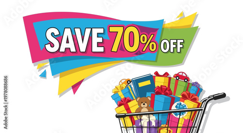 Save 70% Off Sale Banner with Shopping Cart Full of Gifts and Toys