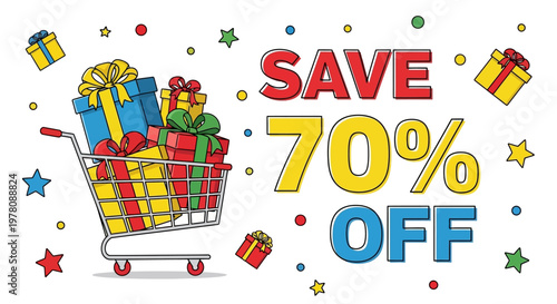 Save 70% Off Shopping Cart Full of Gifts, Sale Banner with Stars and Confetti