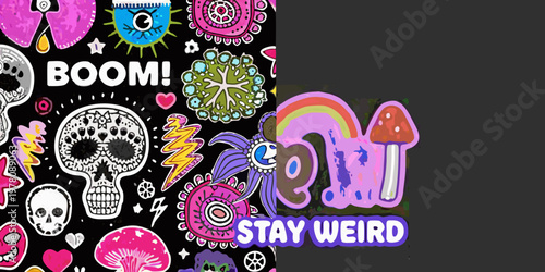 Colorful psychedelic pattern featuring skulls mushrooms and quirky text