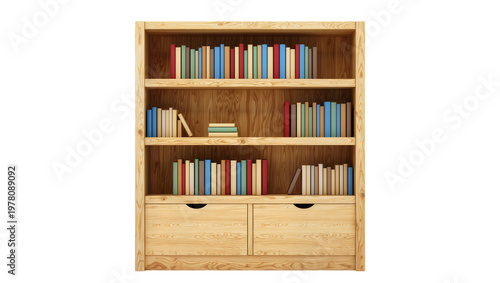 Φωτογραφία Light wood bookcase with multiple shelves and two drawers