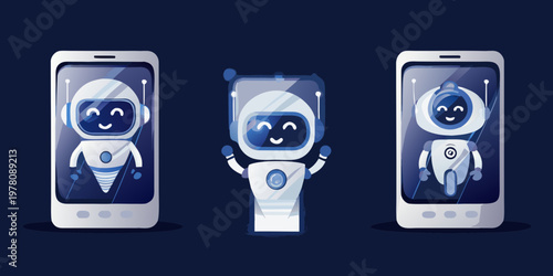 Cute robots displayed on smartphone screens in a digital illustration