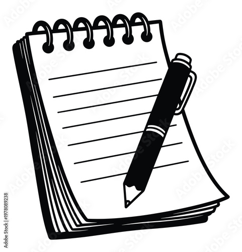 Spiral notebook with a pen for writing important notes and planning tasks, perfect for educational materials or business presentations and communication.