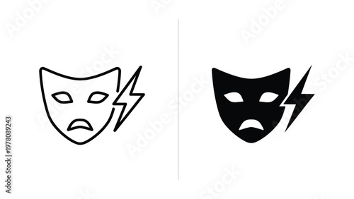 Contrasting theatrical masks with a lightning bolt symbol