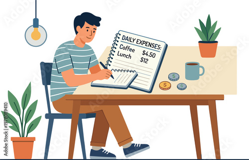 A man sitting at a desk writing in a notebook with a cup of coffee and plants nearby indoors.