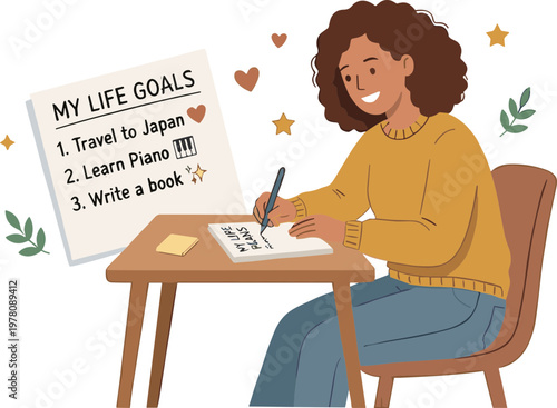 Woman writes goals on paper at desk with notebook and pen
