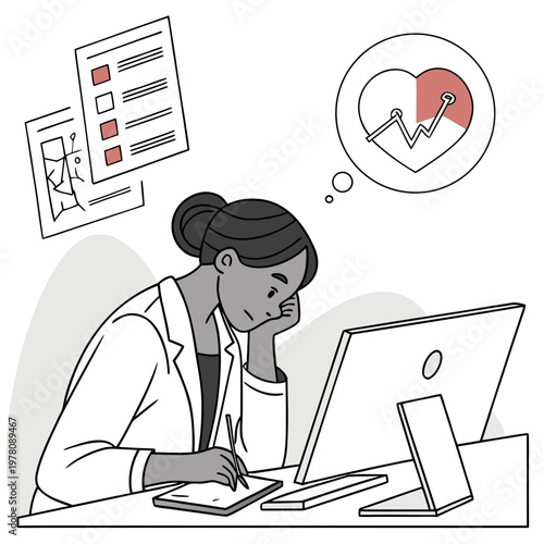 Stressed female doctor working at computer desk, tired medical professional analyzing heart health data, overworked physician with burnout
