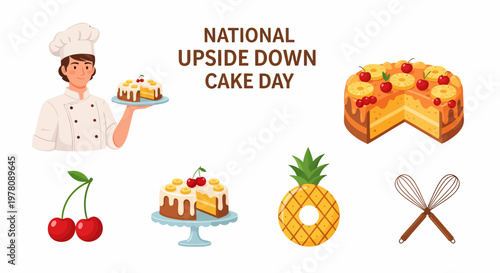 A chef holding a cake next to text reading National Upside Down Cake Day with various baking icons and desserts