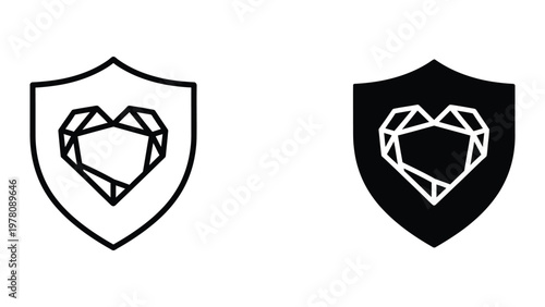 Contrast of shield designs featuring a geometric heart emblem in white and black versions