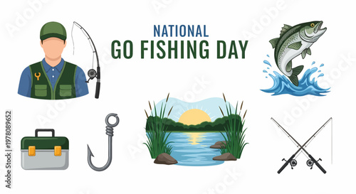 A collection of fishingthemed icons including a fisherman a jumping fish gear and a lake landscape