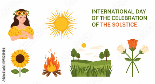 A collection of icons depicting the International Day of the Solstice with a girl sun bonfire and nature elements