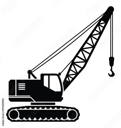 Black silhouette of a heavy duty crawler crane with a long latticed boom and hook, useful for construction industry projects and material lifting applications.