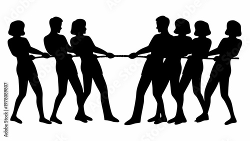 Group of people pulling rope together in unity and cooperation