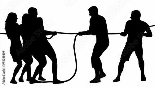 Four people in black silhouette pulling a rope together in teamwork