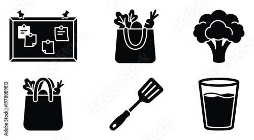 Monochrome glyphs representing common household objects like a memo board, grocery bags, broccoli, kitchen spatula, and a water glass, ideal for interface design and web elements.