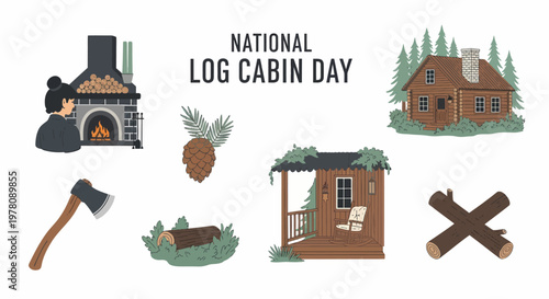 A digital illustration collection centered on National Log Cabin Day featuring a cabin fireplace and woods