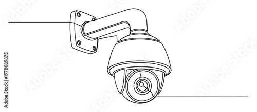Continuous line drawing of a security camera mounted on a wall for surveillance and safety monitoring applications in modern environments