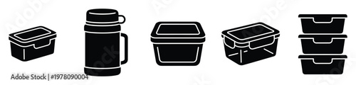 Collection of black silhouette icons featuring various food containers and an insulated thermos bottle for meal preparation, kitchen storage, and outdoor dining applications
