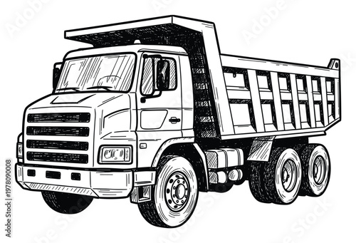 Detailed hand drawn sketch of a robust heavy duty construction dump truck illustrating powerful machinery essential for earthmoving quarrying and industrial material transport applications