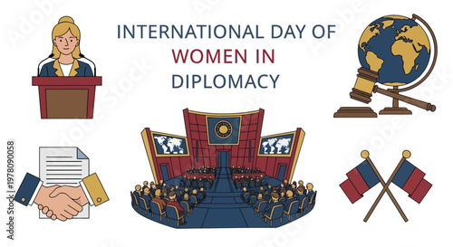 An infographic about the International Day of Women in Diplomacy with icons of a diplomat globe gavel and meeting