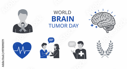 An informational graphic titled WORLD BRAIN TUMOR DAY with icons including a person brain heart and speakers