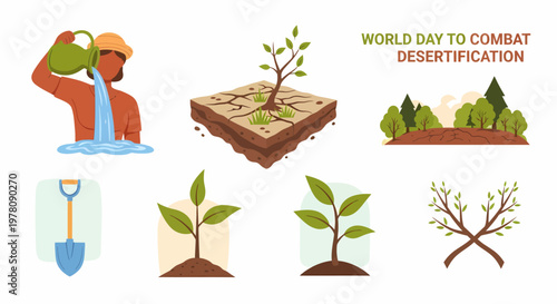 Flat vector illustrations of a person pouring water young plants dry cracked earth and a gardening shovel