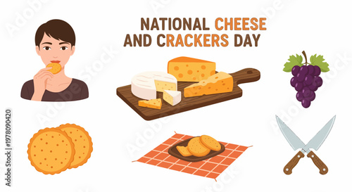 Graphic for National Cheese and Crackers Day featuring a person eating various cheeses on a board grapes and knives