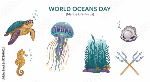 Graphic displaying a sea turtle jellyfish seahorse seaweed pearl in a shell and crossed tridents