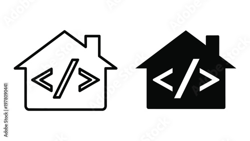 Contrasting house icons with code symbols representing development environments