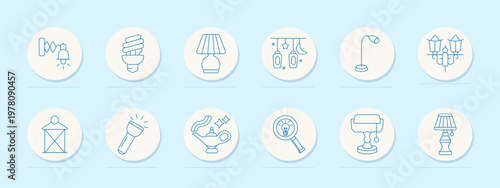 Home lighting set icon. Wall lamp, spiral bulb, table lamp, hanging lanterns, street light, chandelier, flashlight, genie lamp, desk lamp outline collection.