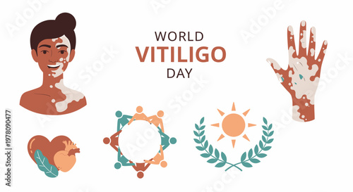 Graphic for World Vitiligo Day featuring a woman hand group heart and sun icon against a white background