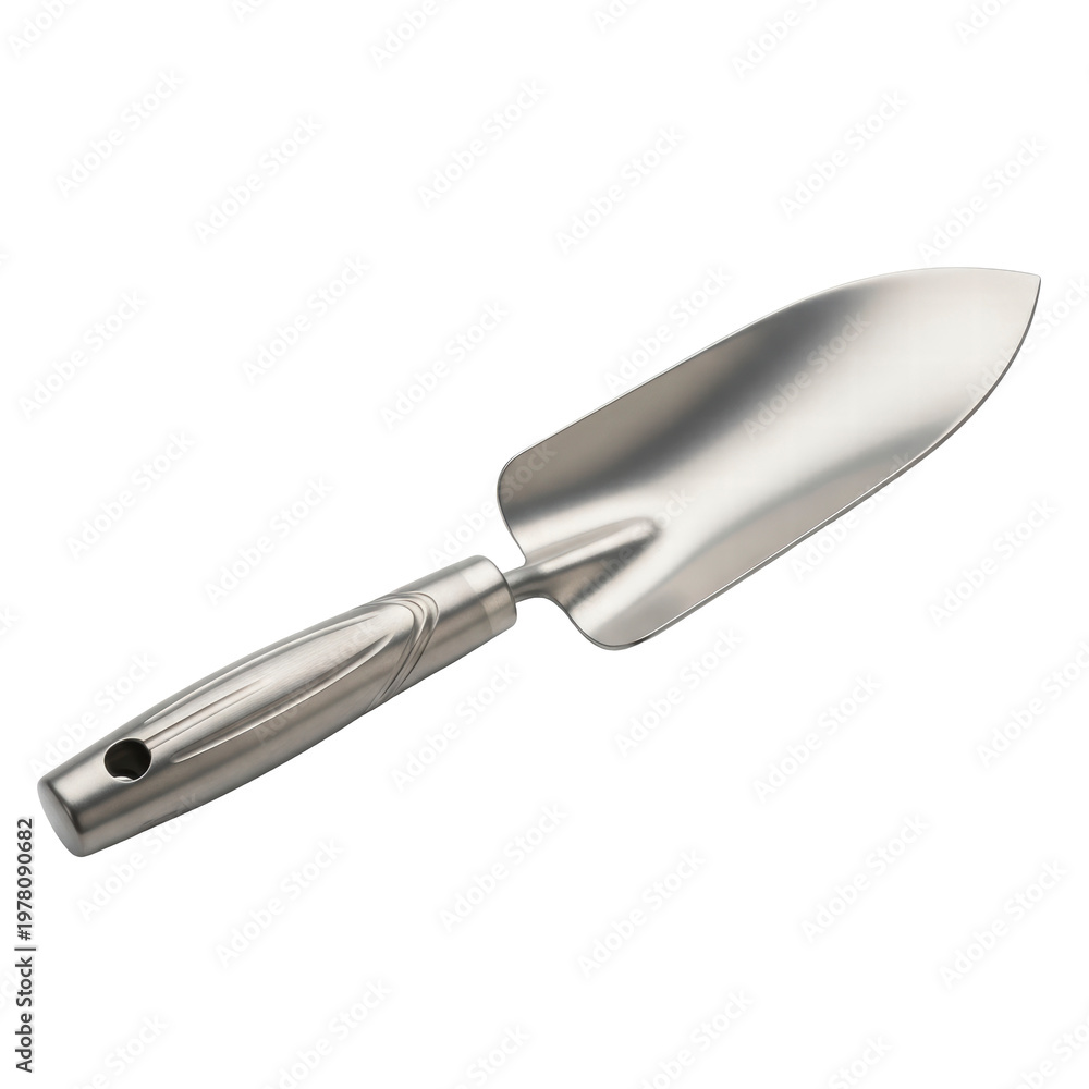Fototapeta premium Shiny stainless steel garden trowel on black background