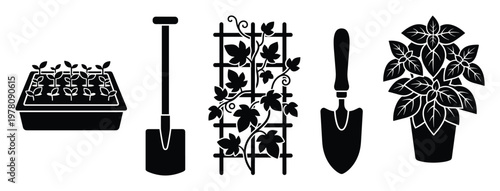Gardening tools and plants set with a seed tray, shovel, climbing plant trellis, hand trowel, and potted herb, ideal for garden supply advertisements and organic farming themes.