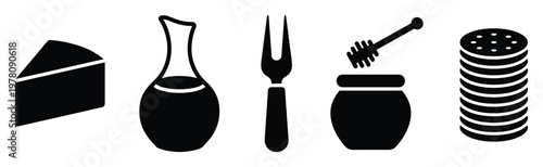 Assortment of essential kitchen pantry items including cheese, honey, crackers, and cooking utensils, perfect for culinary lifestyle blogs, recipe demonstrations, and food service