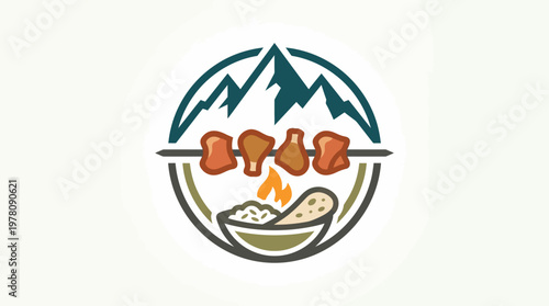 Outdoor Camping Food Logo with Mountain and Skewers