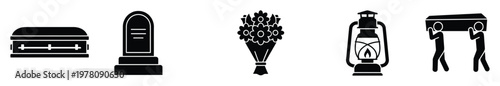 Comprehensive set of black silhouette icons representing funeral and mourning themes, featuring a coffin, gravestone, flower bouquet, lantern, and pallbearers for memorial designs.