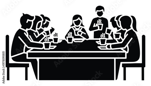 Professional men and women sitting around a table holding steaming cups engaged in conversation or a coffee break meeting, ideal for business communication or teamwork concepts