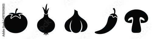 Graphic vector set featuring essential kitchen vegetables including tomato, onion, garlic, hot pepper, and mushroom silhouettes, ideal for culinary recipe layouts, healthy eating concepts,