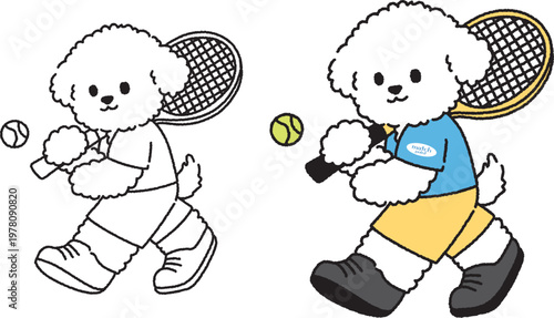 Cute Bichon Frise Playing Tennis Cartoon Illustration