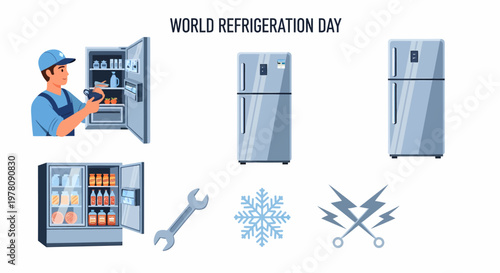 Graphic layout for World Refrigeration Day featuring technicians refrigerators tools and cooling symbols