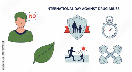 Graphic with text INTERNATIONAL DAY AGAINST DRUG ABUSE featuring icons of a person saying NO a leaf family shield stopwatch exercising and weights