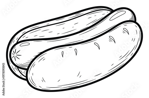 Delicious handdrawn hot dog outline sketch perfect for engaging restaurant menus, food blogs, fast food promotions, or snack bar advertisements.