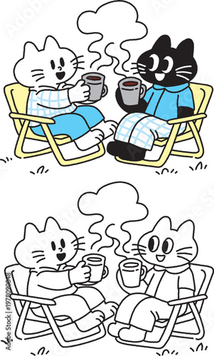 Cute Cats Relaxing with Coffee Camping Cartoon Illustration
