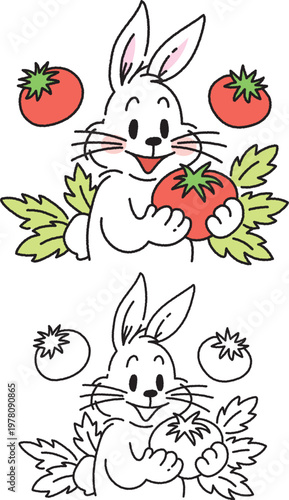 Cute Rabbit Holding Fresh Tomato Cartoon Illustration
