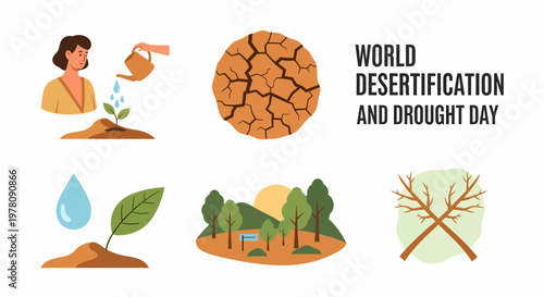 Graphics depicting World Desertification and Drought Day including cracked earth watering plants and trees