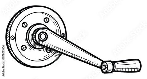 Classic handdrawn ink drawing depicting a robust rotating crank handle mechanism with intricate mechanical components, ideal for engineering diagrams, historical machinery concepts, and