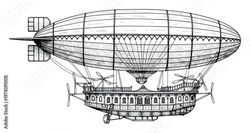 Vintage engraving style steampunk airship with intricate details and propellers for historical transportation concepts or adventure themed projects.