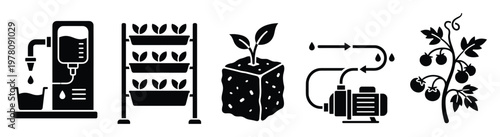 Hydroponics system components and gardening elements presented in a clean black glyph icon set for modern farming, agriculture, and smart garden applications.